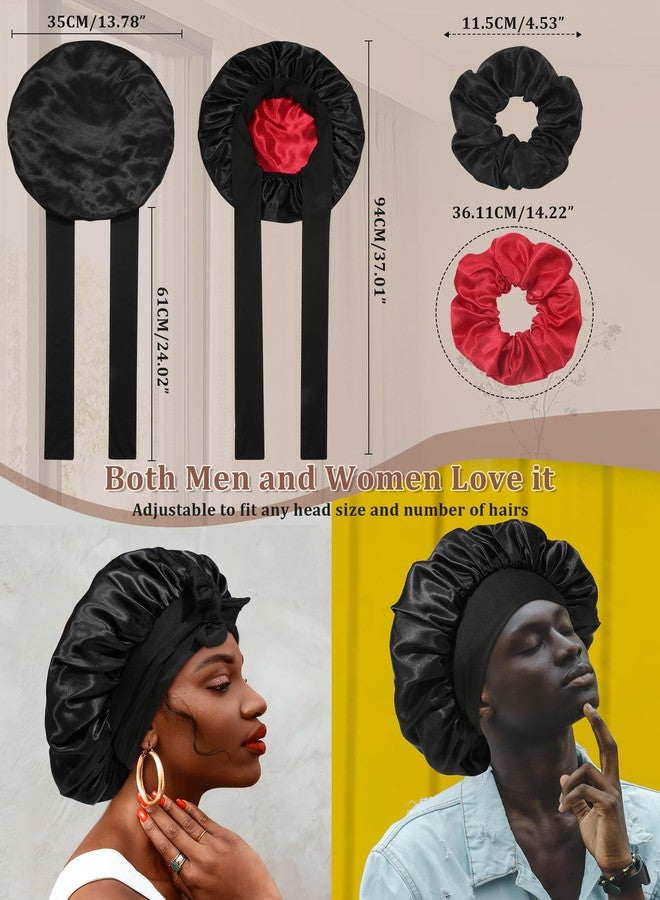 CHLINS Reversible Satin Silk Bonnet - Double Layer Hair Wrap with 2PCS Scrunchies Elastic Tie Band Night Cap for Natural Curly Hair (Black+Red) - Image 2